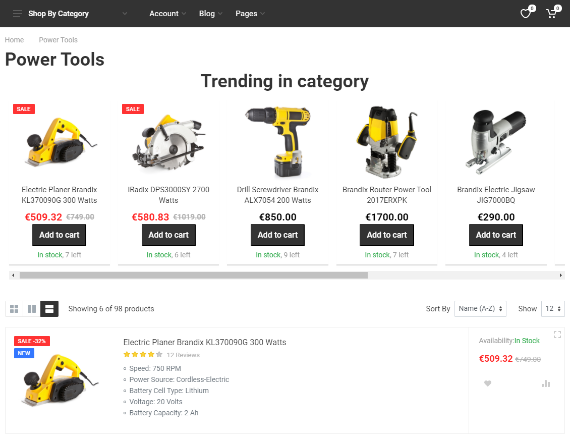 Product category page with a recommendation for trending products