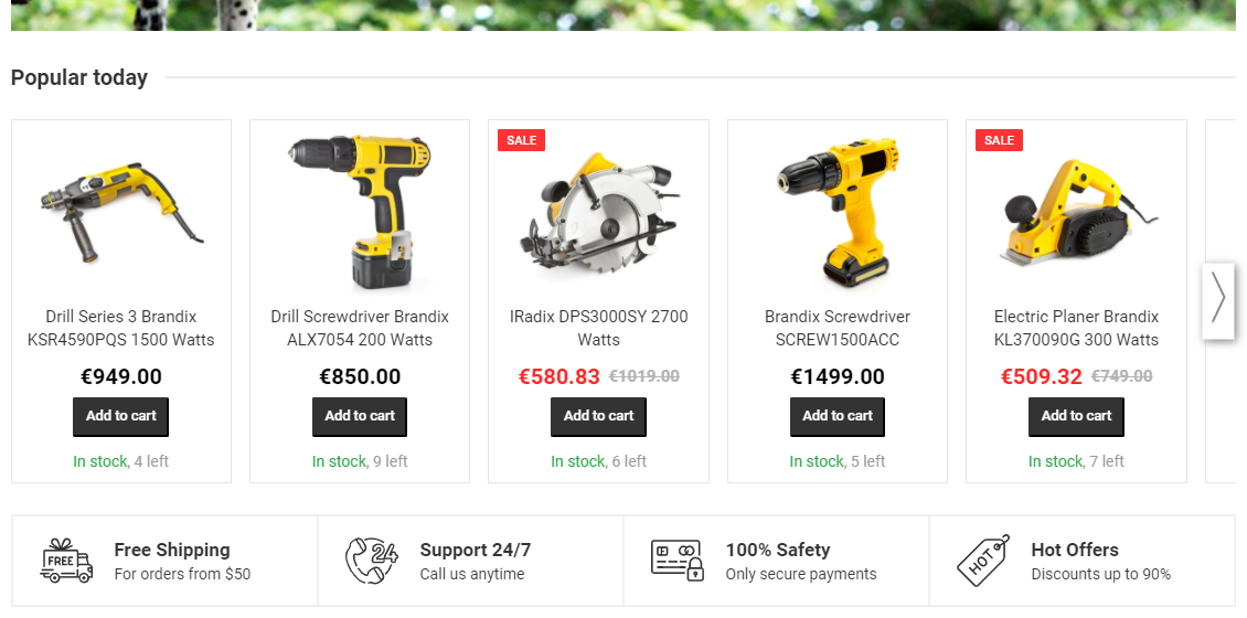 Product recommendation slider above the site features banner on the site home page