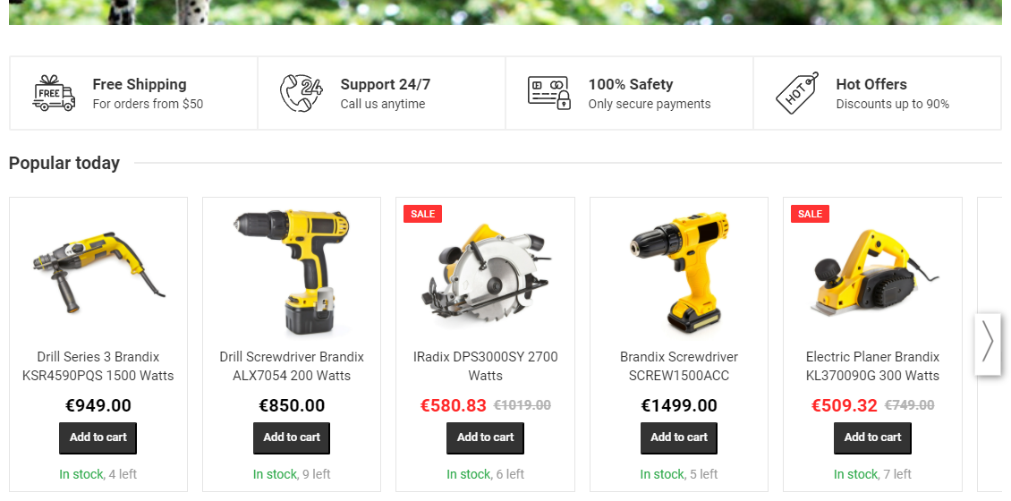 Product recommendation slider below the site features banner on the site home page