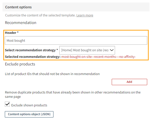 Defining the content for the recommendation modification