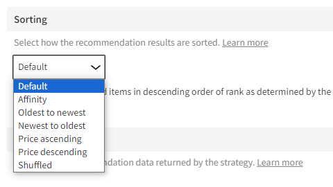 Selecting how to sort the results generated by a recommendation strategy