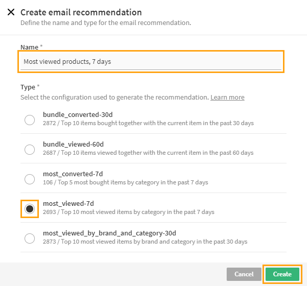 Creating the email recommendation (name and type)
