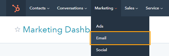 Navigating to marketing emails in HubSpot