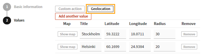 Defining the values for a geolocation custom action