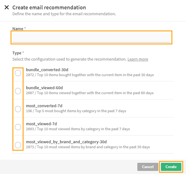 Creating an email recommendation (name and type)