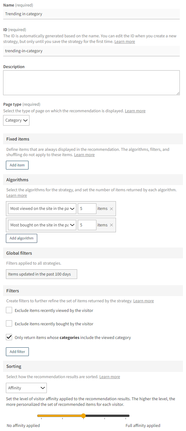 Defining the recommendation strategy settings