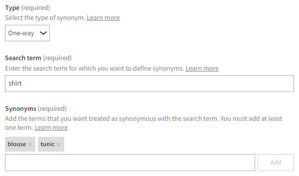 Defining one-way synonym settings