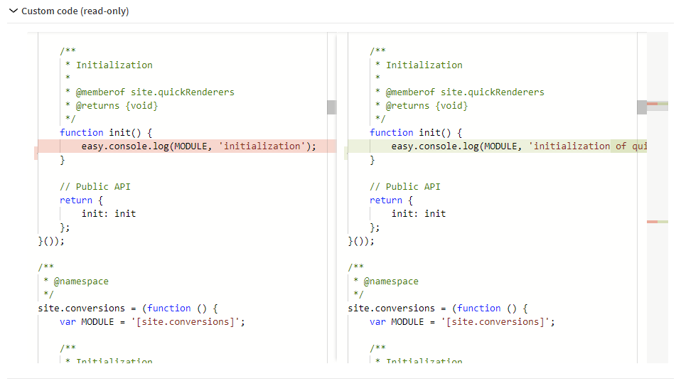 Production custom code (left) and workspace custom code (right)